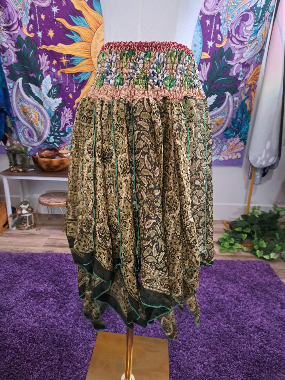 Verdant Tapestry Fairy Skirt | Vintage Sari Patchwork Handkerchief Hem Smocked